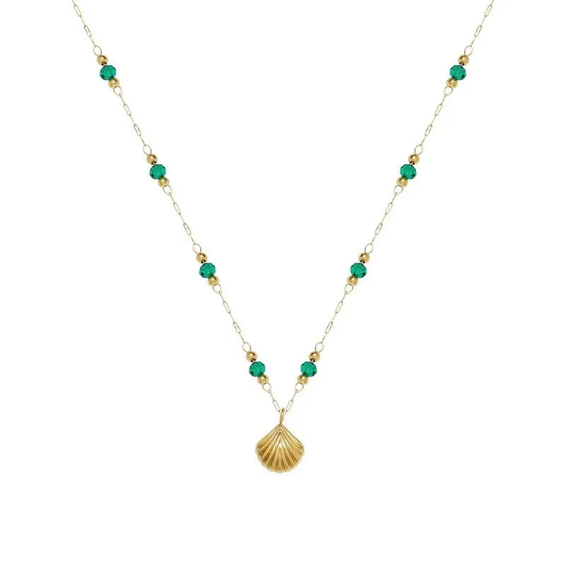New Charm French Retro Waterproof 18K Gold Plated Stainless Steel Necklace Fashion Green Beads Shell Pendant Necklace for Wom