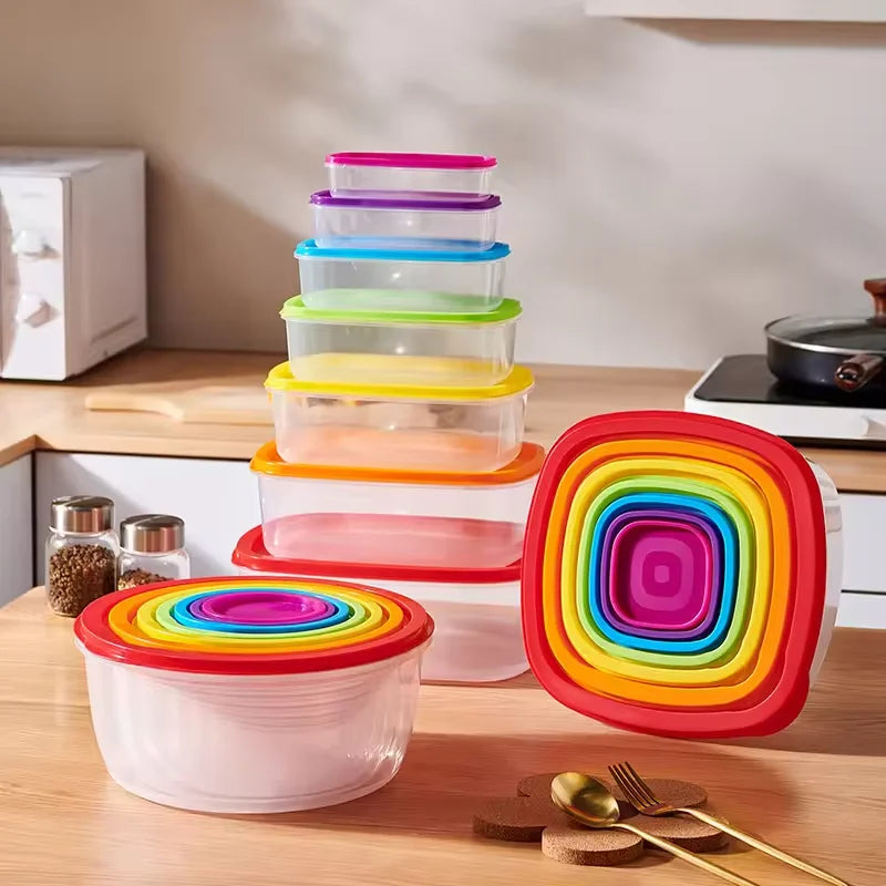 7pcs Plastic Food Storage Box Rainbow Microwave Refrigerator Available With Lid Lunch Box Bpa Free Space Saving