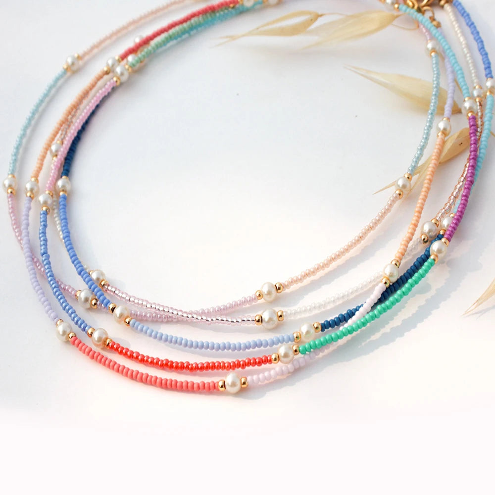 Go2boho Bohemian Classic Design Summer Beach Multicolor Gifts Faux Pearl and Dainty Beaded Necklaces for Women
