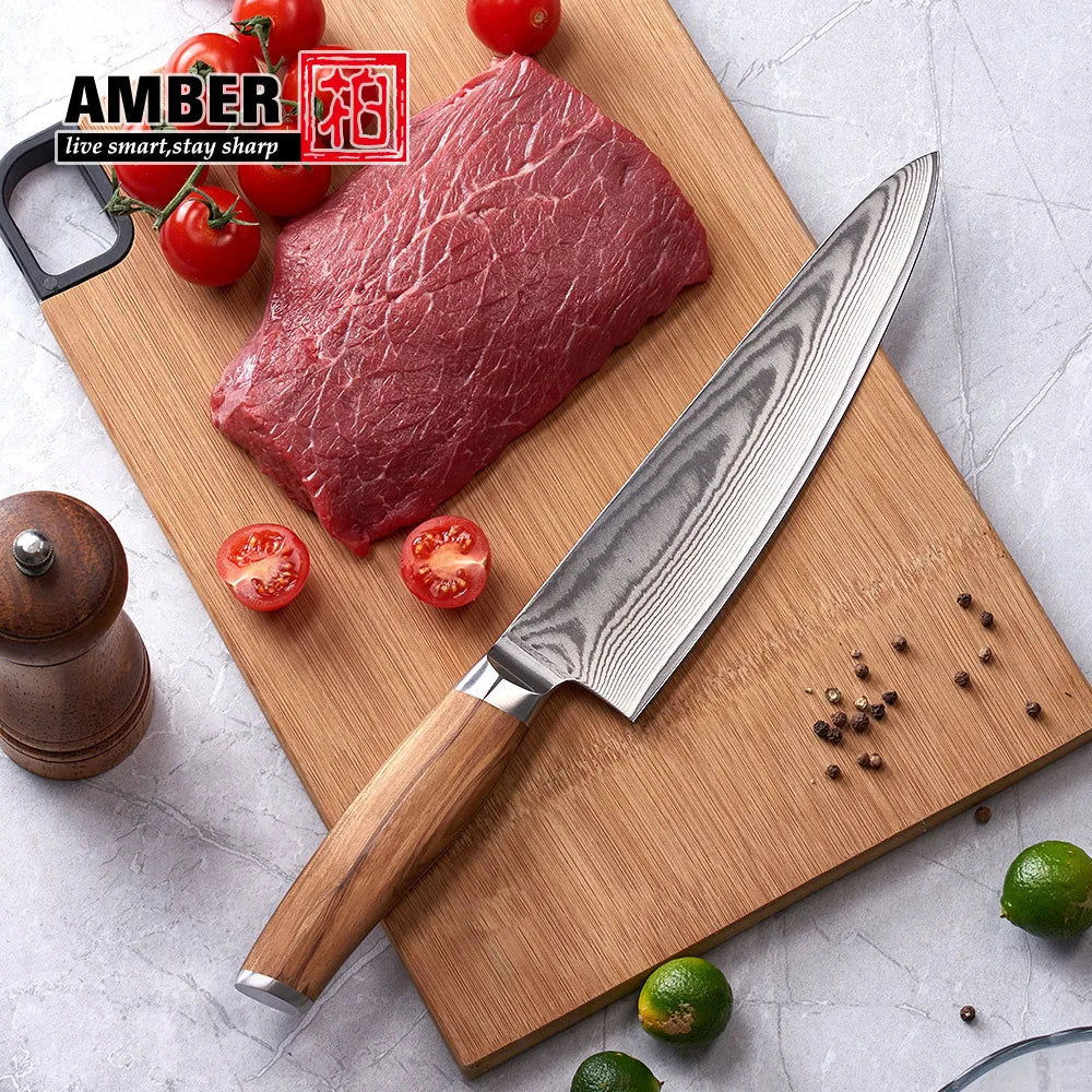 Amber Olive Wood Handle Professional 8 Inch 67layers Vg10 Japanese Damascus Steel Metal Chef Knife Sharp