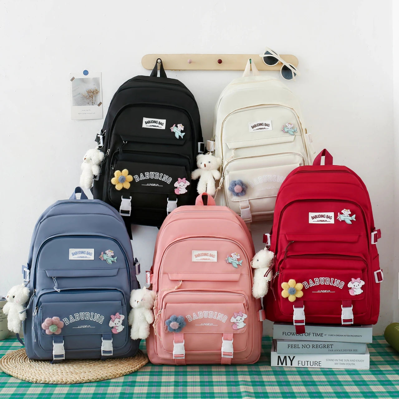 Durable Nylon Fashion Geometric Zipper Waterproof Backpack Set 4 Pcs for Students