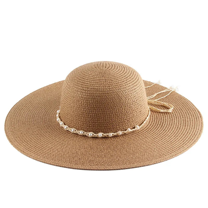 Floppy Big Beach Pearl Straw Hats for Women Foldable Summer Wide Brim Packable Oversized Sun Hat Womens Travel Straw Fedora H