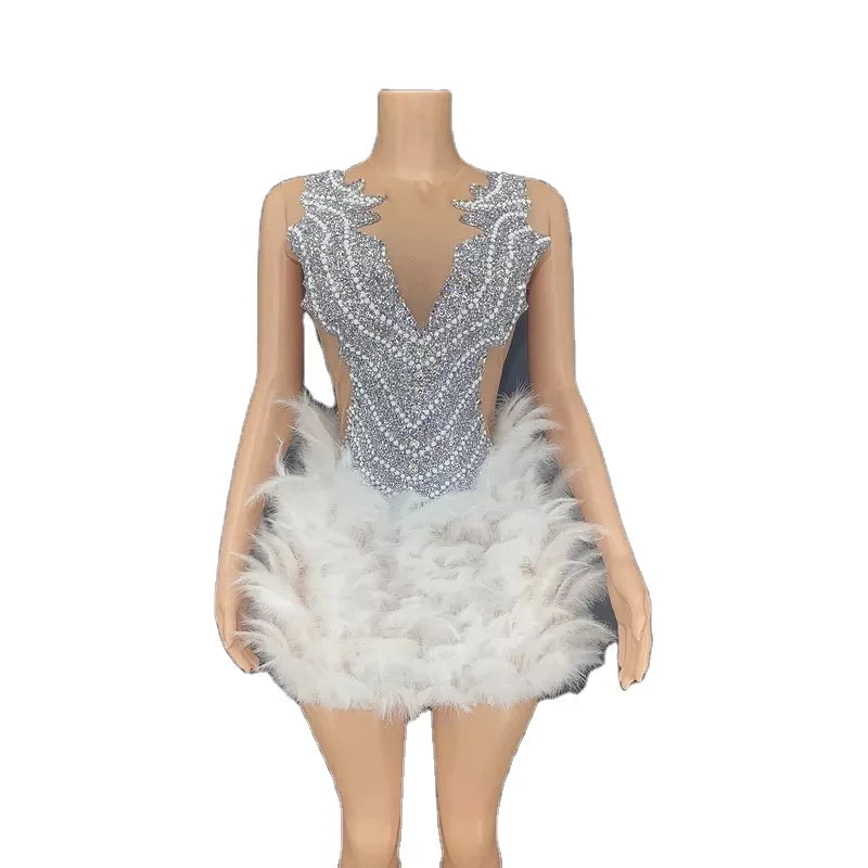 Luxury Sexy  Birthday  White Feather Vintage Dress V-ncek Sleeveless Vestido De Noiva for Dance Stage Show Club Music Festiva