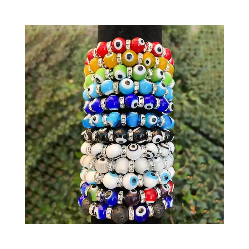 Handmade Glass Evil Eye Bracelet 10 mm Beaded Amulet Stretch Charm Lucky Protection Turkish Blue Evil Eye Bracelet for Women 