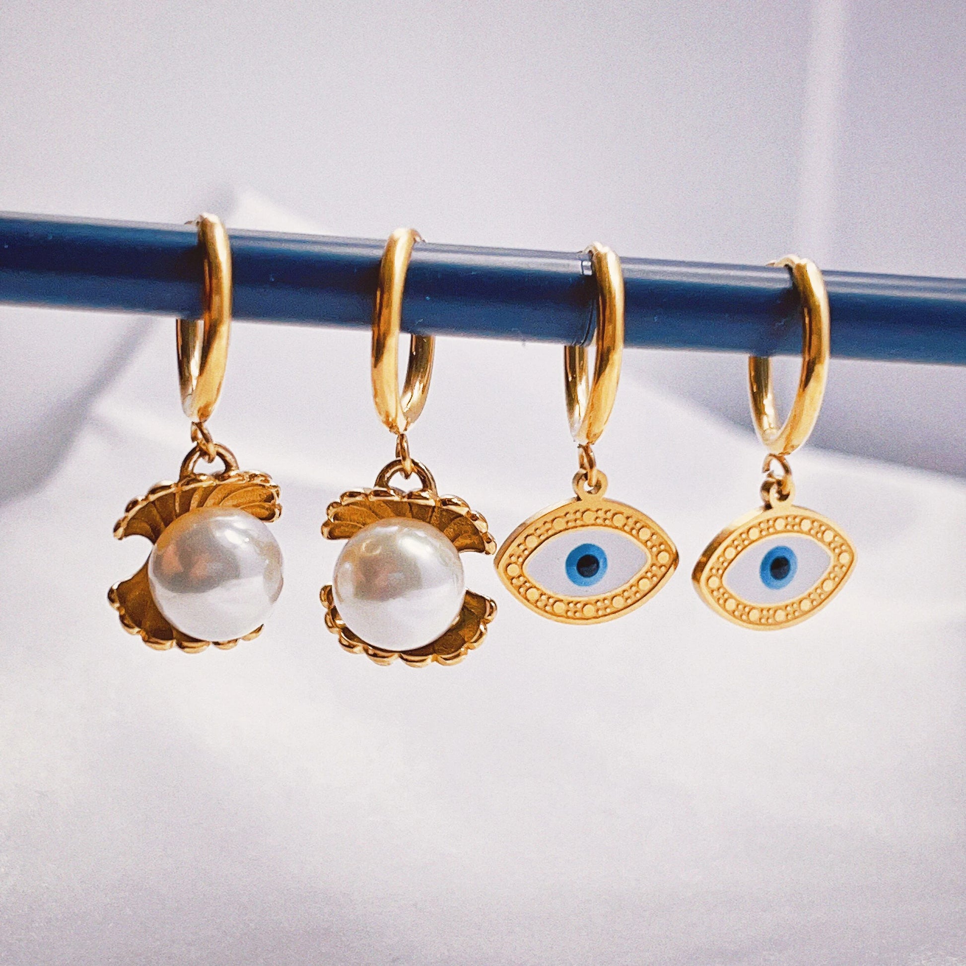 Dangle Drop Baroque Pearls Gothic Punk Goth Earrings Boho Stainless Steel Evil Eye Hoop Earrings 18k Gold Plated Jewelry