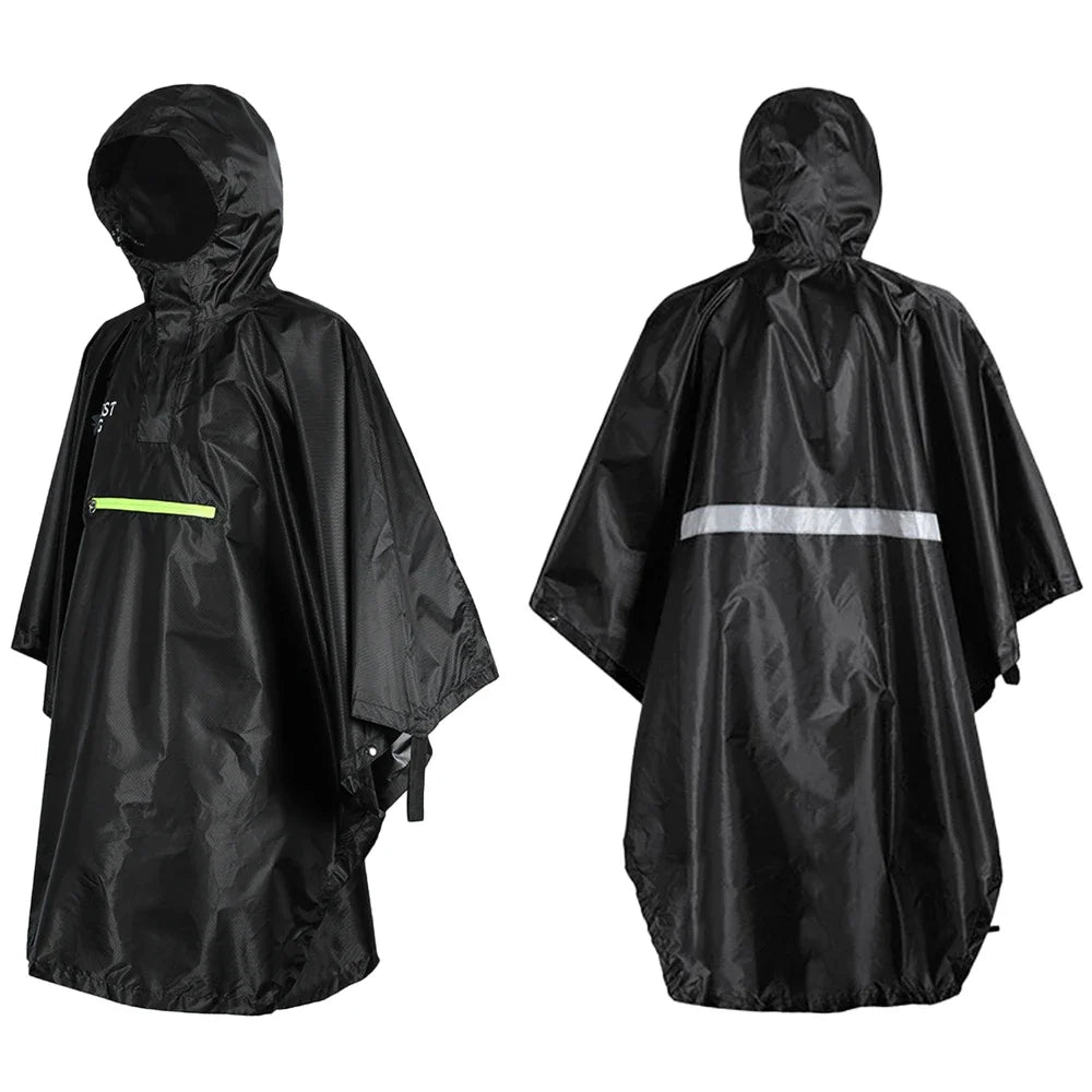 3 in 1 Rainponcho Floor Cape for Men Women Hiking Bicycle Rainproof Reflective Strip Polyester Outdoor Rainwear