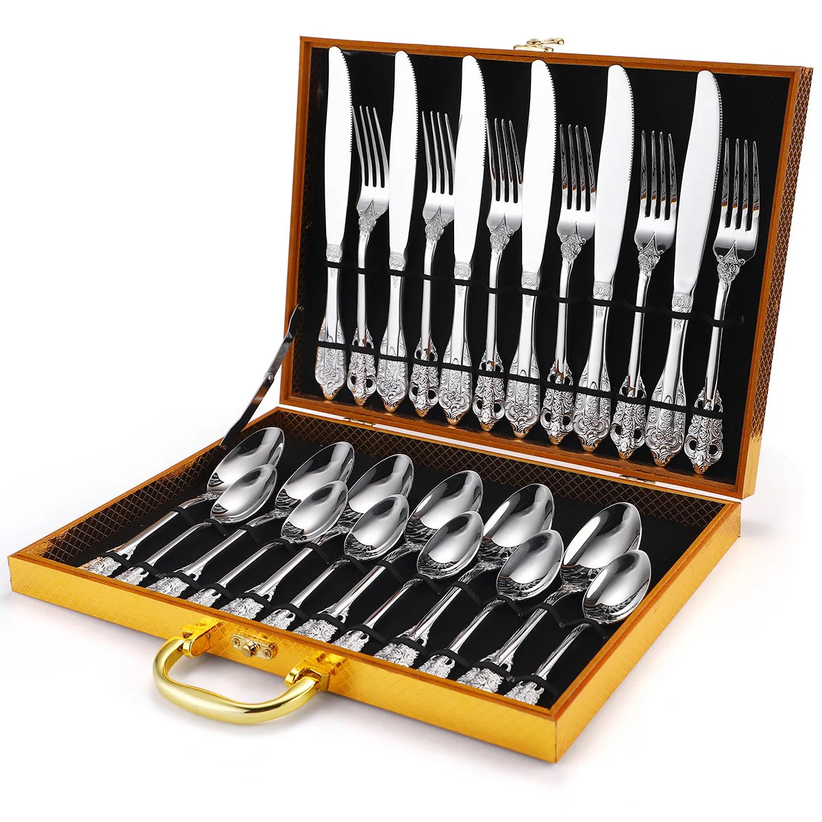 Metal Luxury Style Flatware 24 Piece Silverware Set 24pcs Royal Spoon and Fork Set Stainless Steel Gold Cutlery Set for Weddi