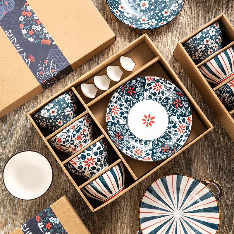 Japanese Style Ceramic Bowl Dishes & Plates Spoon With Gift Box for Household 4 User Set 4 Bowls 4 Spoons 2 Plate Set