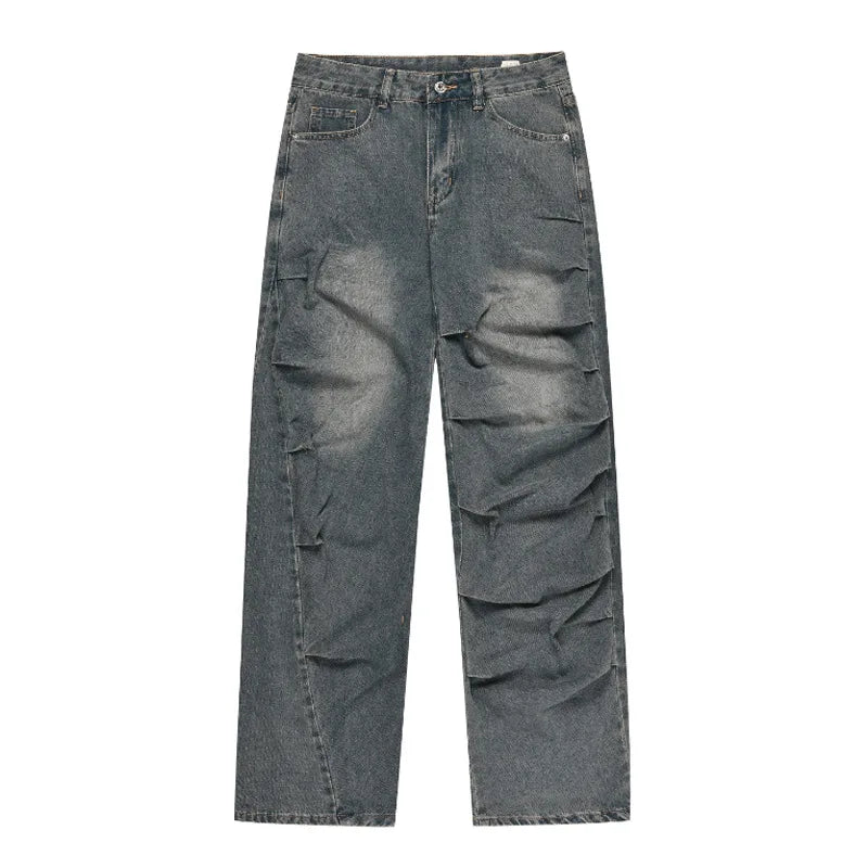 Denim Boyfriend Stonewashed Faded Blue Plus Size Winter Autumn Button Streetwear Pleated Design Straight Jeans for Men