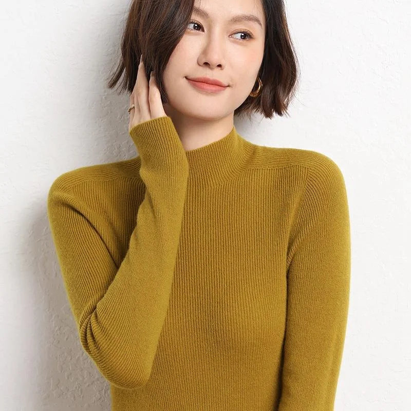 Women's Spring Fashion Pullover New Half Turtleneck Polyester Sweater and Drawstring Pants Joker Slim Knitwear