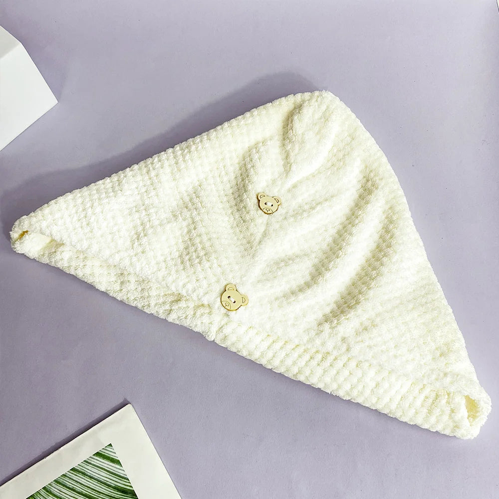 Hot Selling Reusable Elastic  Microfiber Quick Dry Hair Cotton Drying Towel Cap with Cute Button for Personal Care