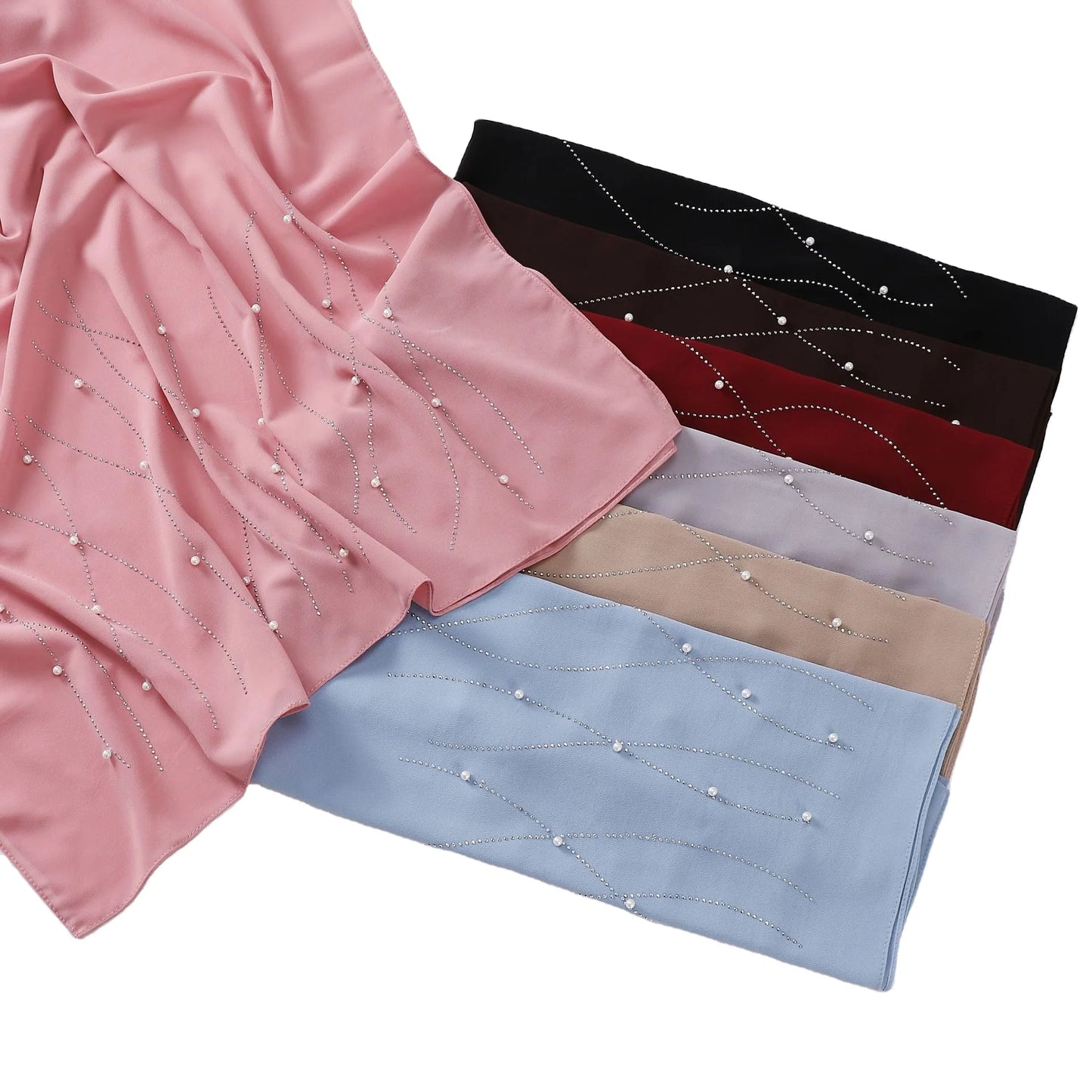 CCY Wholesale Women Chiffon Shawl With Rhinestones Pearl Long Muslim Hijab Shawl Chiffon Head Scarf