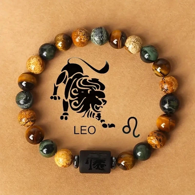 12 Constellations Gift Bracelet Natural Stone Tiger Eye Picture Stone Beaded Bracelet Twelve Zodiac Bracelets for Men Women
