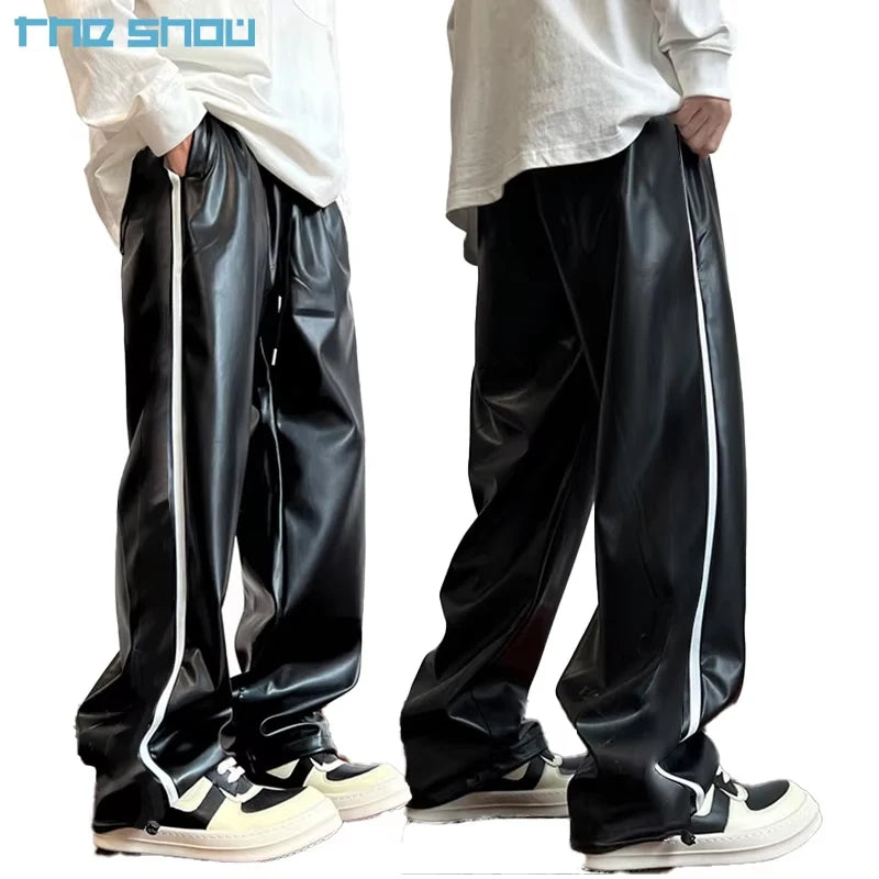 New Fashion Vintage Street Style Baggy High Waist Straight Stripe Pattern Sporty Drawstring Pockets Casual Leather Pants Men