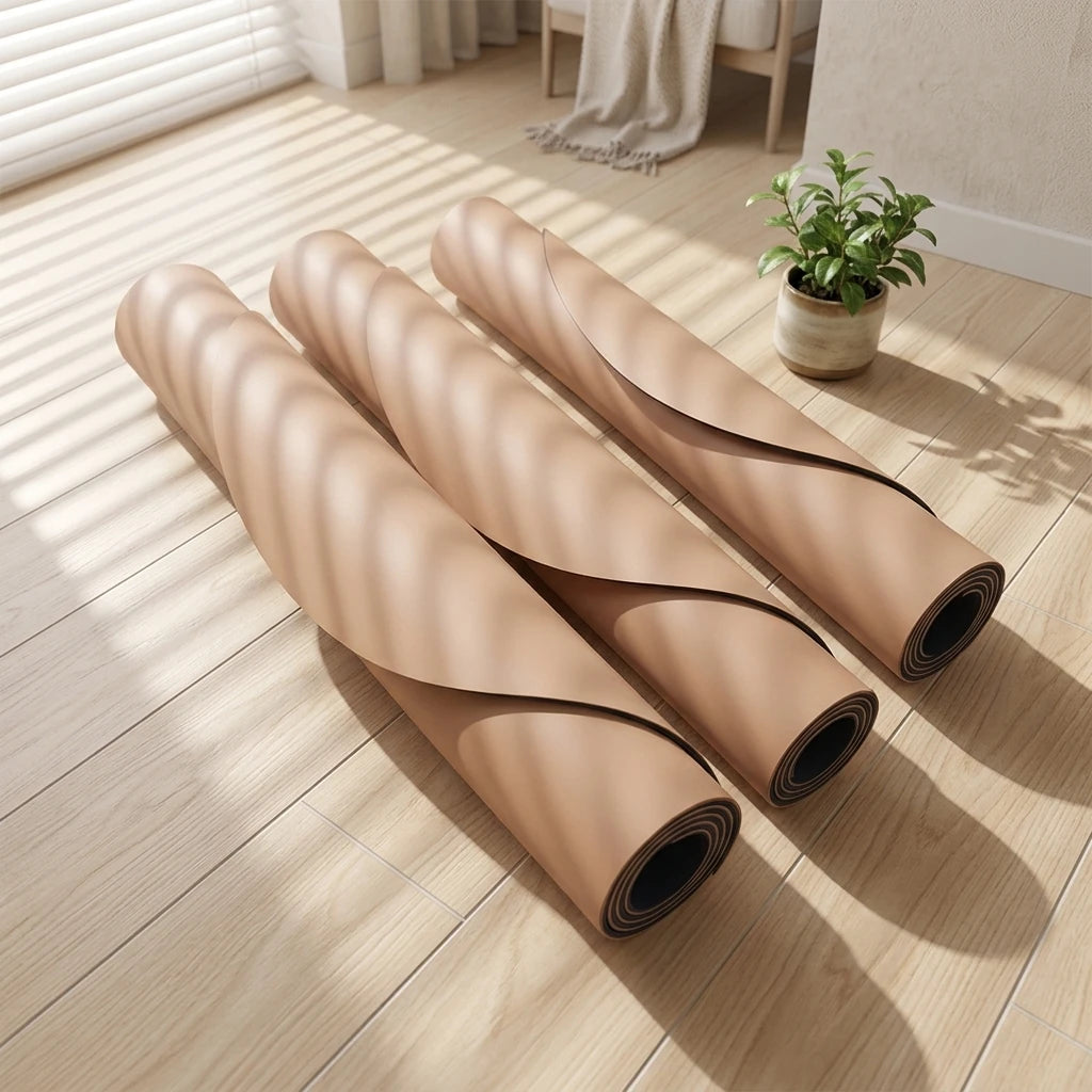 High Quality Vegan Coconut Fiber PU Yoga Mat in Sand Beige Nude Custom Print With Unique Oval Arched Design Branded Logo