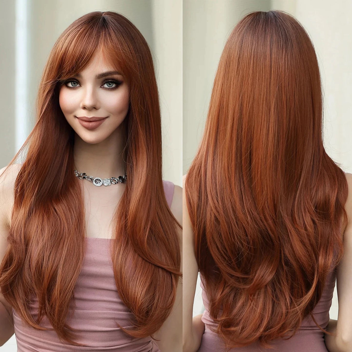 Red Brown Long Straight Synthetic Wigs with Bangs for Black Women Natural Hair Cosplay Party Daily Wig Heat Resistant Fibre