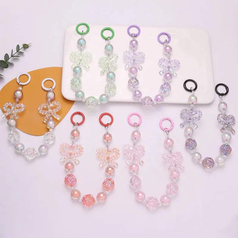 Diy Color Acrylic Burst Bead Chain Key Pendant Fresh Gradient Acrylic Hollow Bowknot Keychain Couple Gift Bag Car Pendant