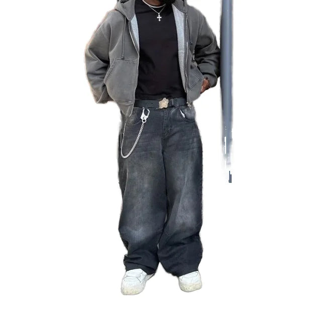 Mens Vintage Washed Denim Jeans Relaxed Wide Leg Cleanfit Style Drop Crotch Chain Detail Comfort