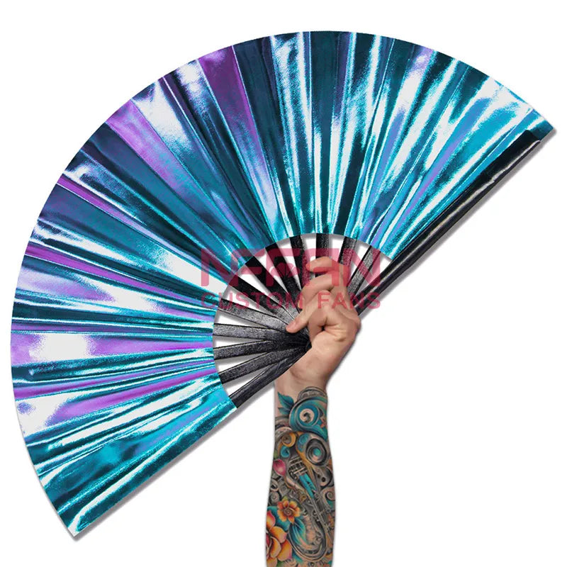 2024 New Arrivals Iridescent Holographic Clack Folding Bamboo Wooden Hand Fan Rave Hand Held Fan for Festivals