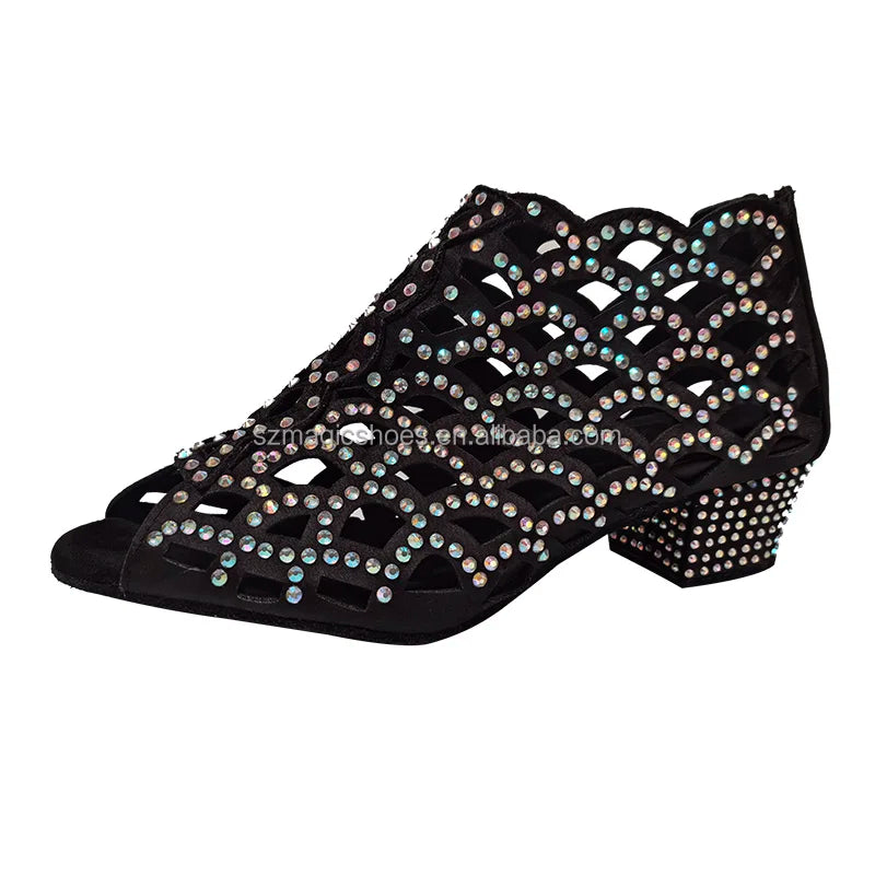Customized Black Satin Crystal Suede Sole Dance Boots Peep Toe 3 Inches