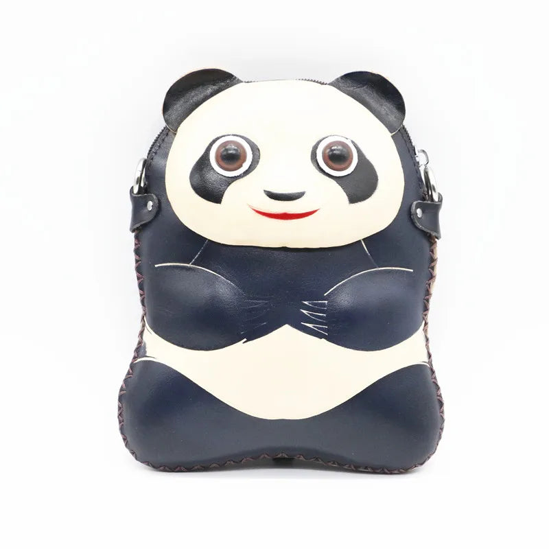 Vintage  Handmade  Cowhide Leather Panda  Single Shoulder  Crossbody Bag  Cross Shoulder Backpack
