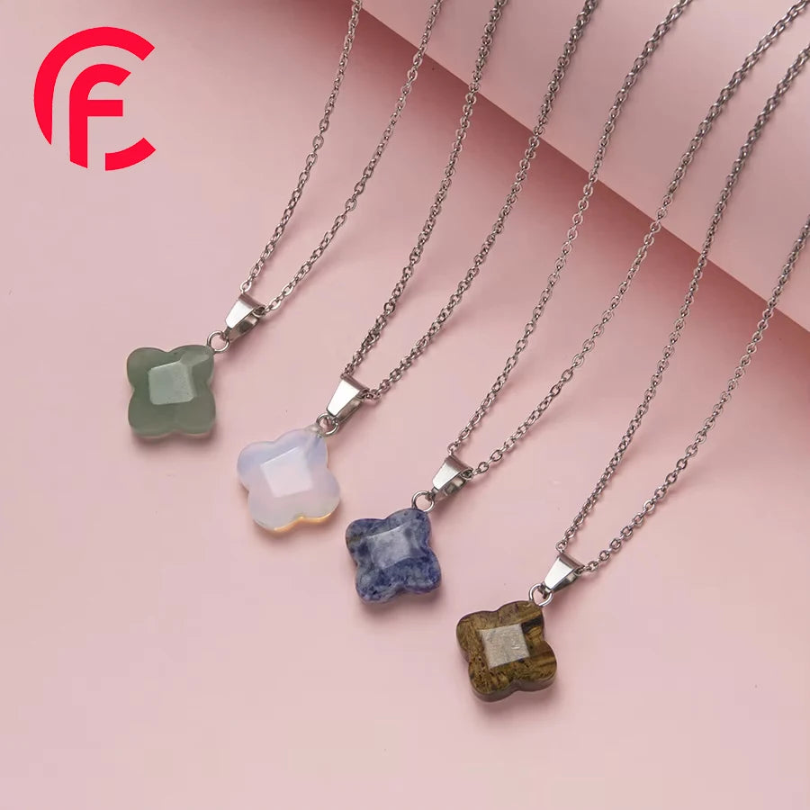 New Natural Crystal Stone Rose Quartz Four Leaf Clover Pendant Necklace for Women Crystal Lucky Clover Stainless Steel Neckla