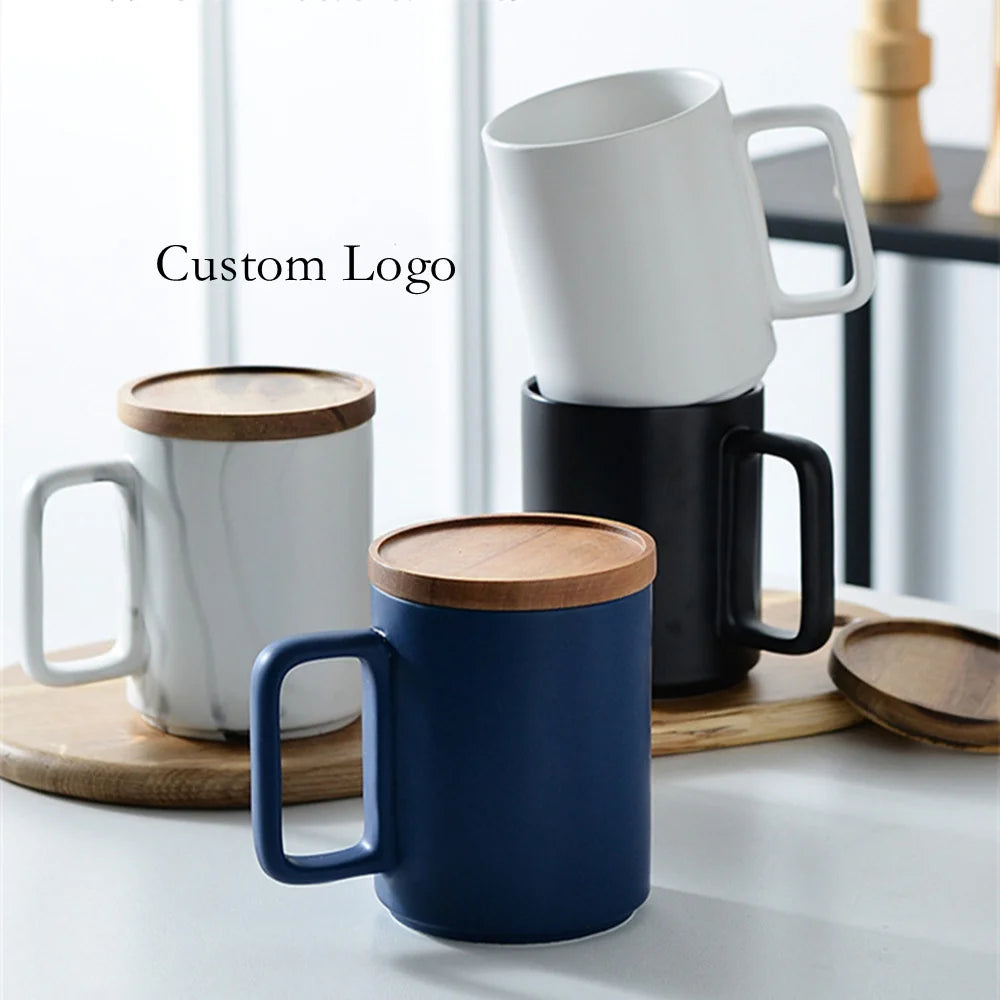 Custom Logo Classic Large 15oz Nordic Black White Ceramic Coffee Cup with Lid Gift Box