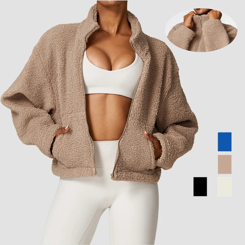 New Lambswool Running Long Sleeve Tops Stand Collar Sport Outfit Zip up Winter Women Fitness Jackets With Pockets