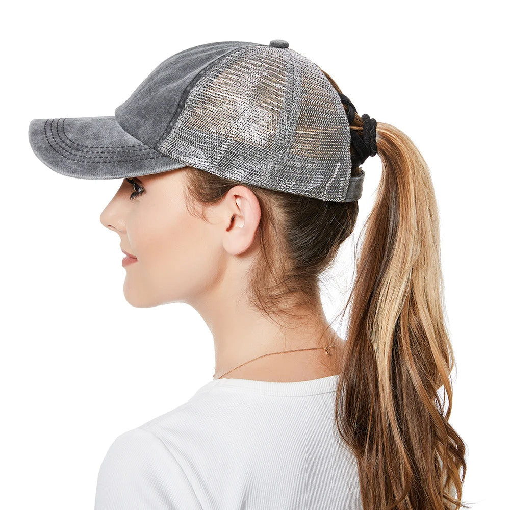 Vintage Cotton Distressed Baseball Cap Low Brim Dad Cap with Ponytail Hole Street Style Sporty Hat Image