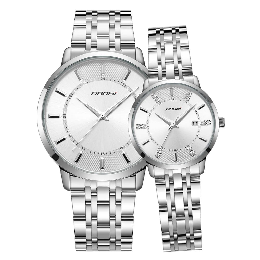 Luxury Fashion Alloy Couple Watch for Men and Women Waterproof Quartz Movement Stainless Steel Band Calendar Feature