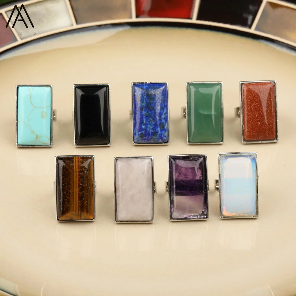 Large Rectangle Stone Cabochon Beads Silver Ring for Men's Birthday Gifts