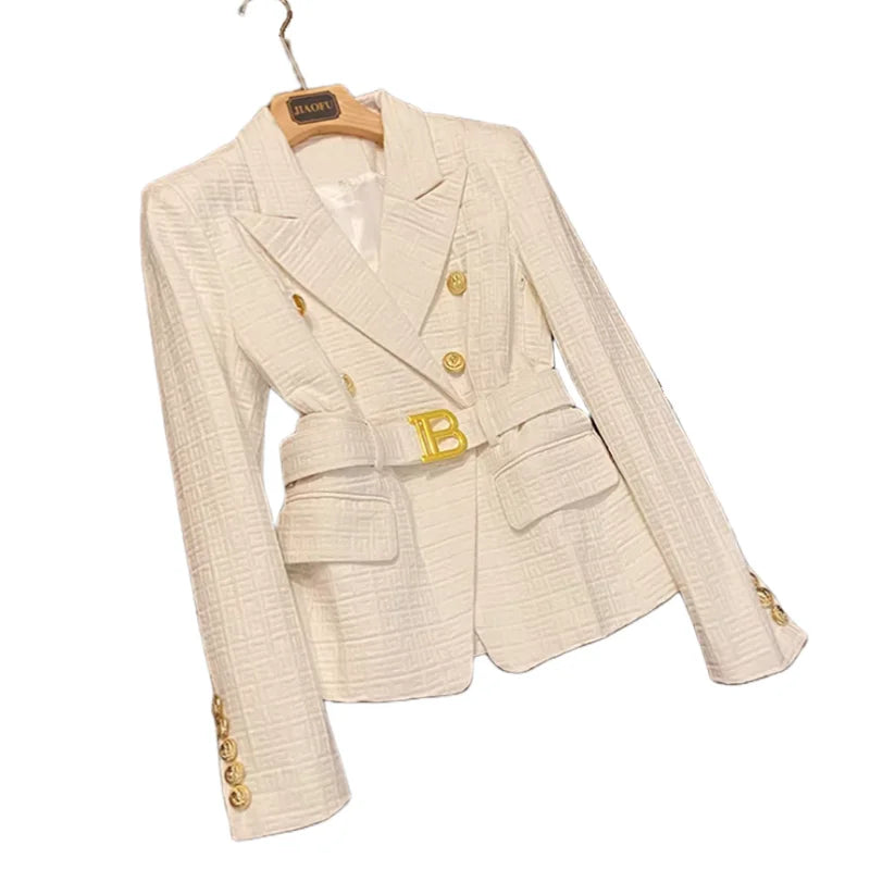 Fine Workmanship Notched Long Sleeve Women Solid Geometric Denim Pattern Office Lady Blazer With Belt