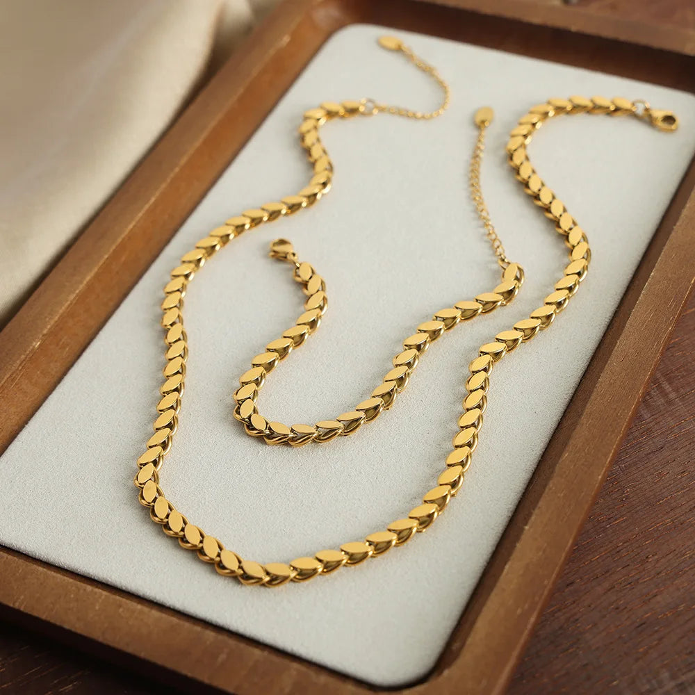 Minimalist Fashion Oval Leafs Hollow Choker Necklace Waterproof Gold Plated Stainless Steel Chains Necklace Bracelet Jewelry 