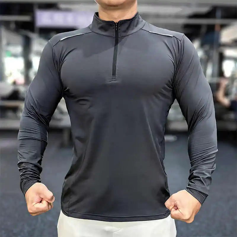 Quarter Zipper Quick Dry Custom Sports Full Sleeve Shirt Men Muscle Fit Gym Running T Shirt Men Workout Shirt