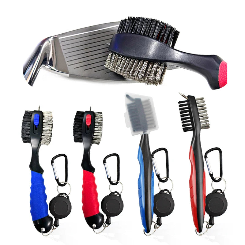 Golf Club Cleaning Brush Double-Side With Keychain and Retractable Zip-line Tool Multifunction Golf Brushes