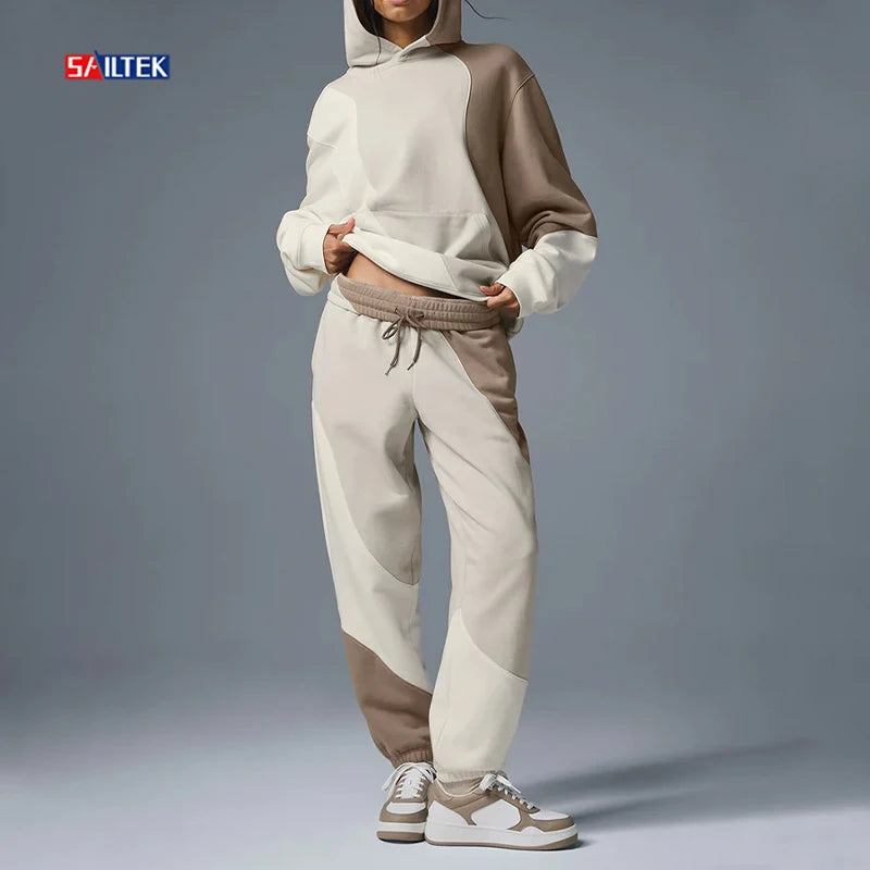 Custom Women's Set Two Piece Hoodies and Sweat Pants Set Casual Style Jogger Jumper Tracksuit Fleece Color Block Sweatsuit