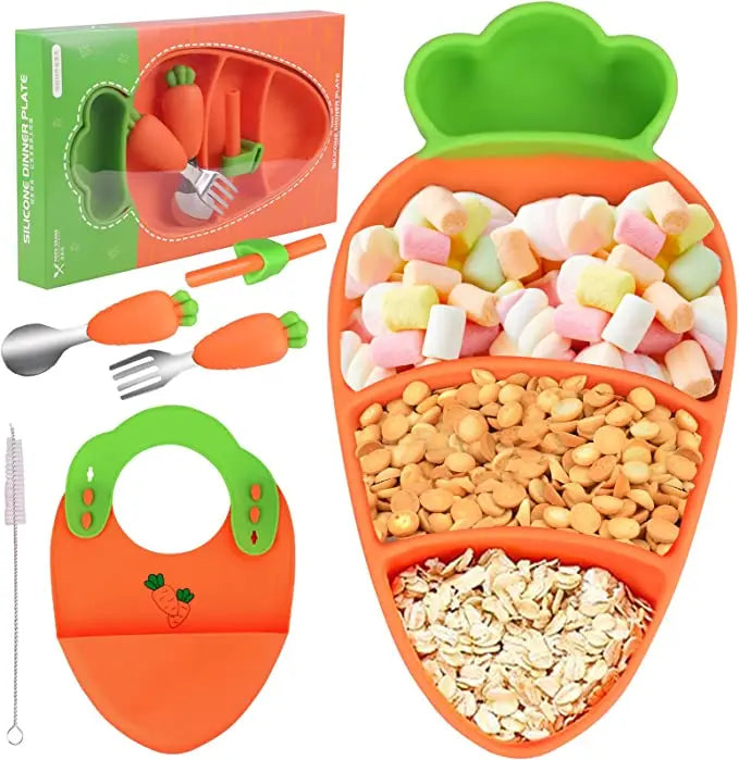 Carrot Silicone Baby Feeding Set with Suction Plates Toddler Bowls Forks and Spoons Bib Cup with Straw Silicone Baby Bib