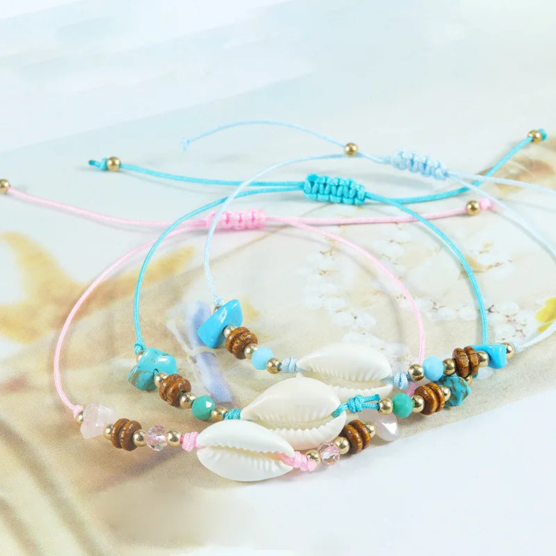 Boho Summer Shell Stone Charms Braided Rope Bracelet Adjustable Woven Friendship Shell Bracelet  for Women Jewelry