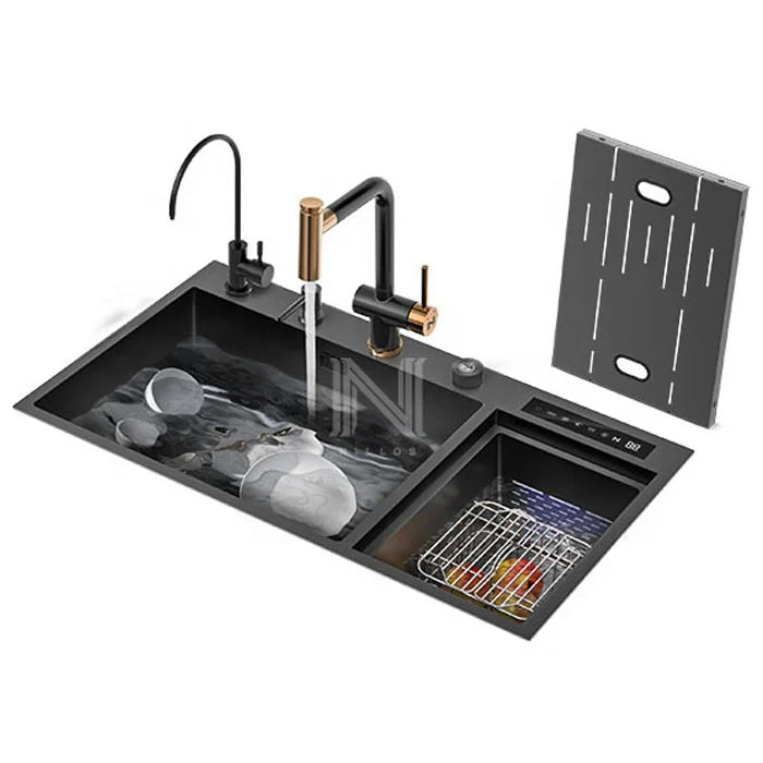 N8448XN6 Handmade Square Double 304 Stainless Steel Smart Kitchen Sink Disinfection Function Four Hole Undermount Installatio