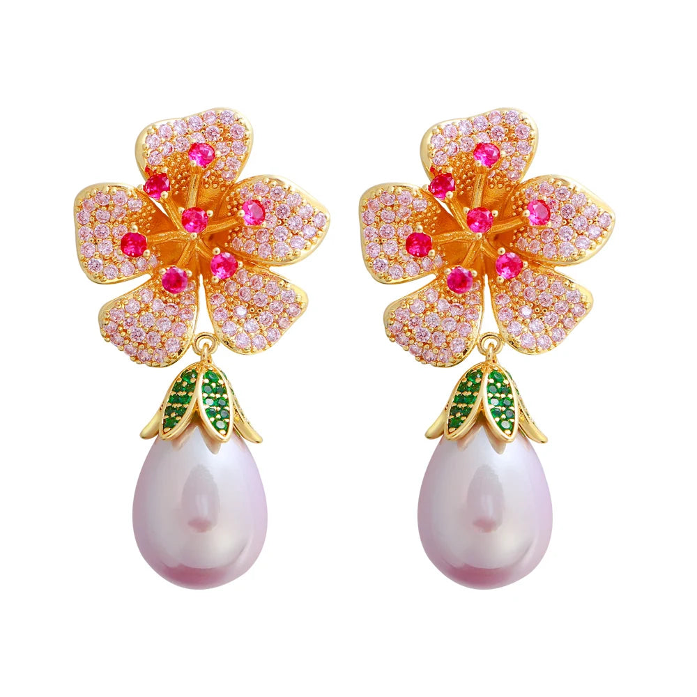 Popular Designs Cubic Zirconia Party Earrings 18k Gold Plated Blooming Flower Pearl Drop Wedding Earrings for Women Jewelry