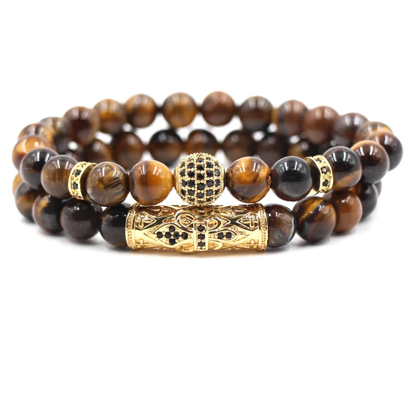 Hot Selling 10mm Tiger Eye Stone Set Bracelet Micro-Inlaid Ball Curved Pipe 2 Pieces Per Set Manufacturer Direct Fashion Jewe