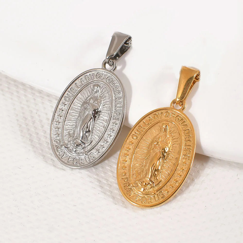 24k Gold Our Lady of Guadalupe Necklace Pendant Blessed Virgin Mary Medal Stainless Steel Womens Mens Pendant Religious Jewel