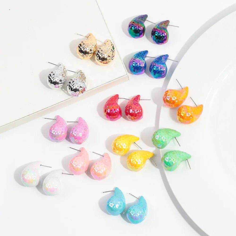 2024 New Special Rainbow Jewelry Dazzling Laser Unisex Trendy Chunky Hammered Waterdrop Earrings Medium Acrylic Stud Earrings