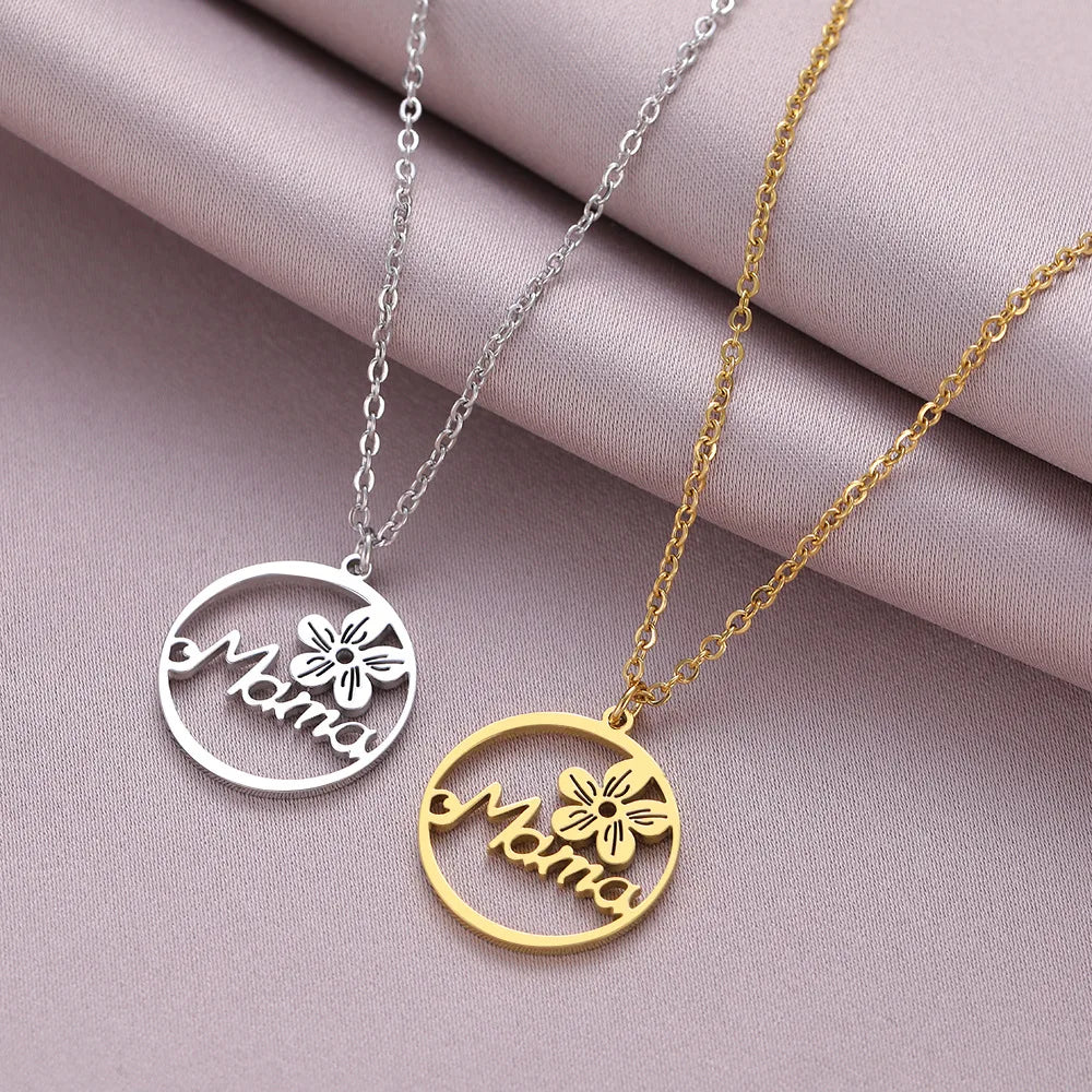 Fashion Jewelry Necklace Stainless Steel Pendant Necklace Trendy Circle Mama Flower Necklace As Mother's Day Gift