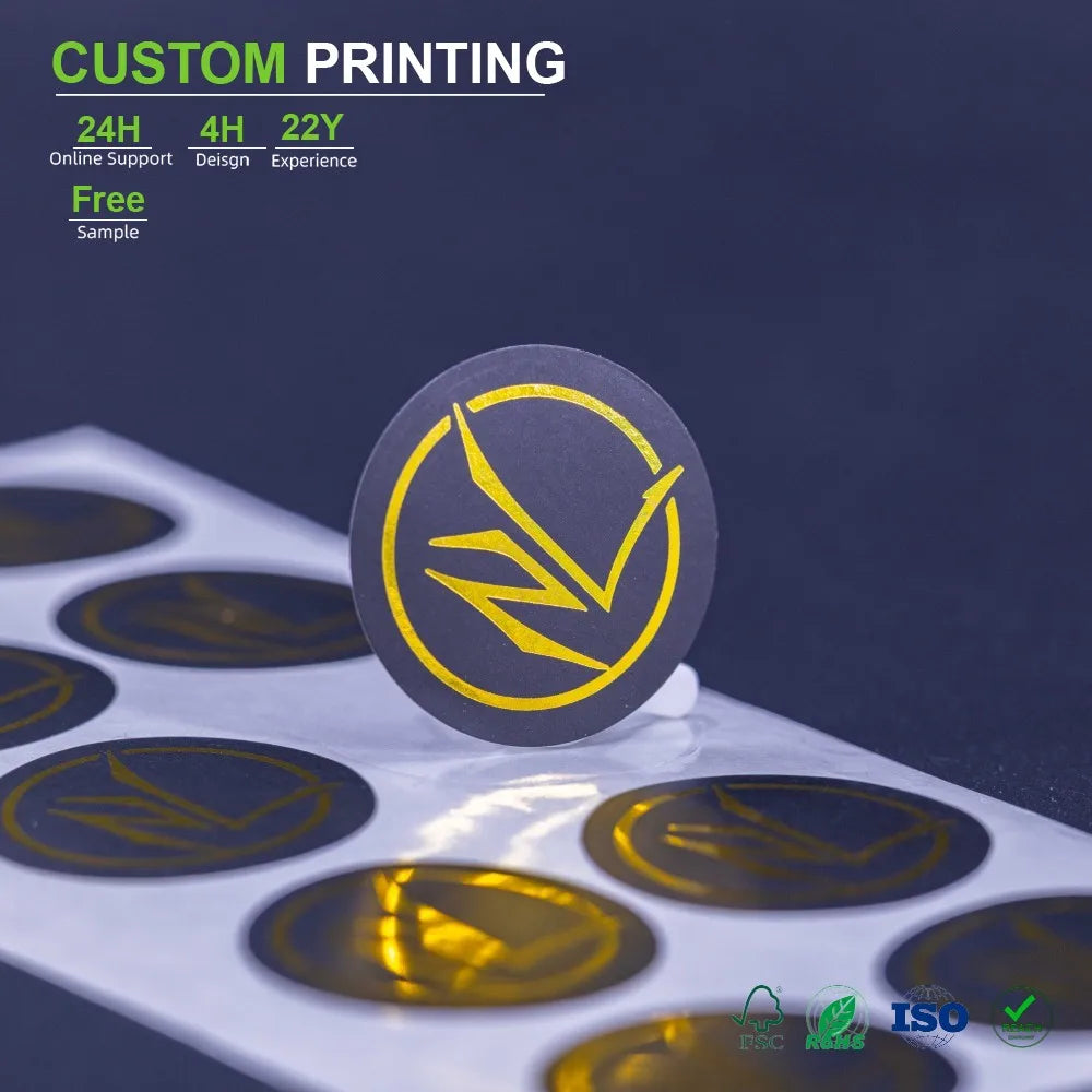 Custom Printed White Vinyl Transparent PET Waterproof Adhesive Sticker Gold Foil Hot Stamping Packaging Bottle Brand Name Lab