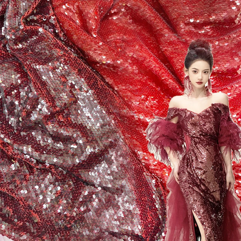 Customizable African Designer Women Wedding Shiny Burgundy Clear Embroidery Irreversible Fish Scale Mermaid Sequins Mesh Fabr
