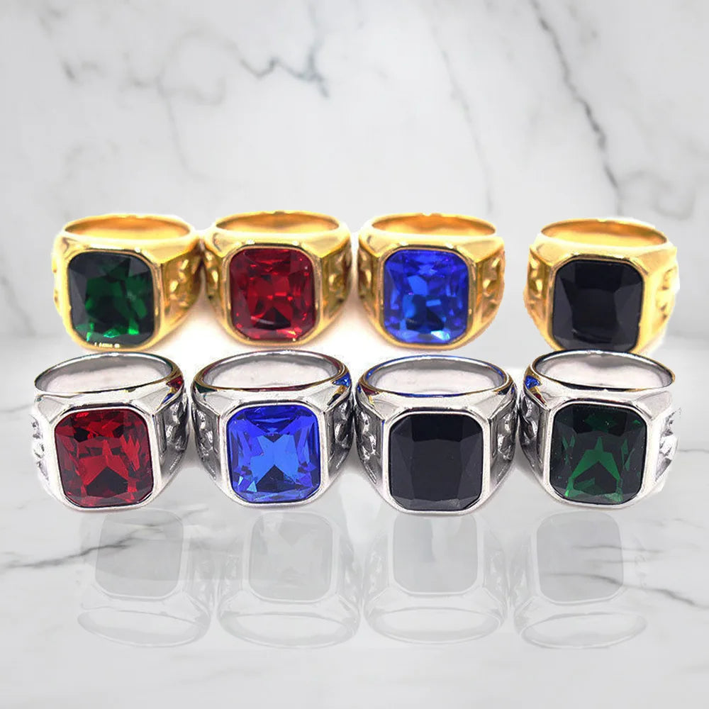 Fashion Men Women Silver Gold Plated Stainless Steel Ring Wholesale Large Carving Cross Gemstone Band Wedding Jewelry