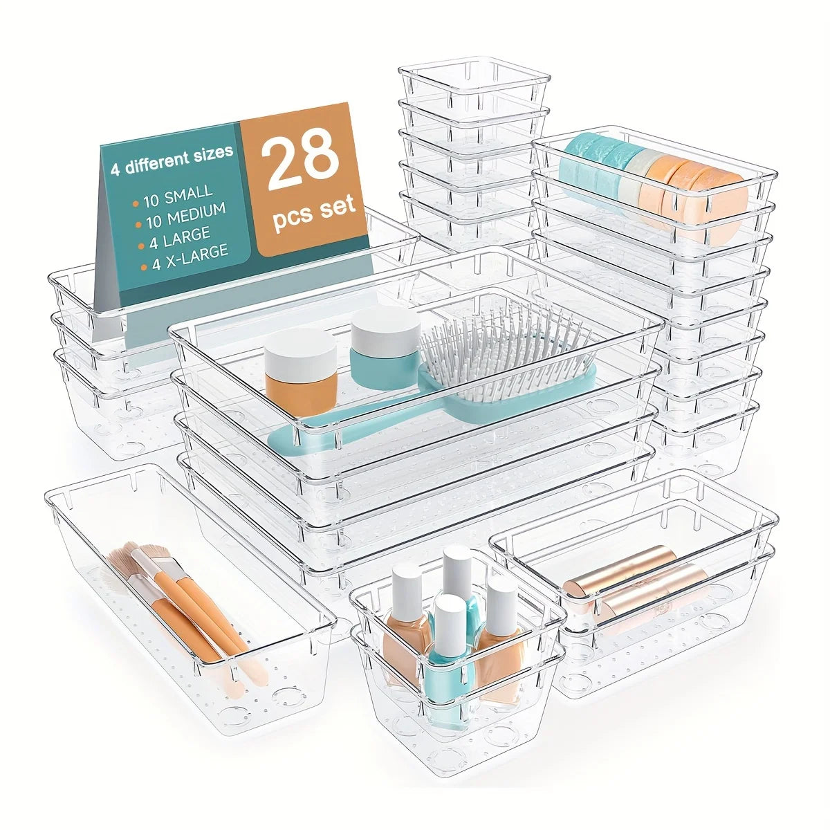 6/13/28pcs Multifunctional  Clear Drawer Organizer Set 4-Size Drawer Organiser Trays for Makeup/Jewelries/Office/Bathroom