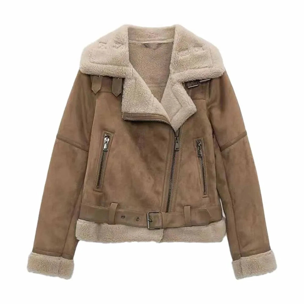 ZATRHMBMWomen New Fashion With Belt Warm Loose Lambswool Jacket Coat Vintage Long Sleeve Side Pockets Female Outerwear Chic T