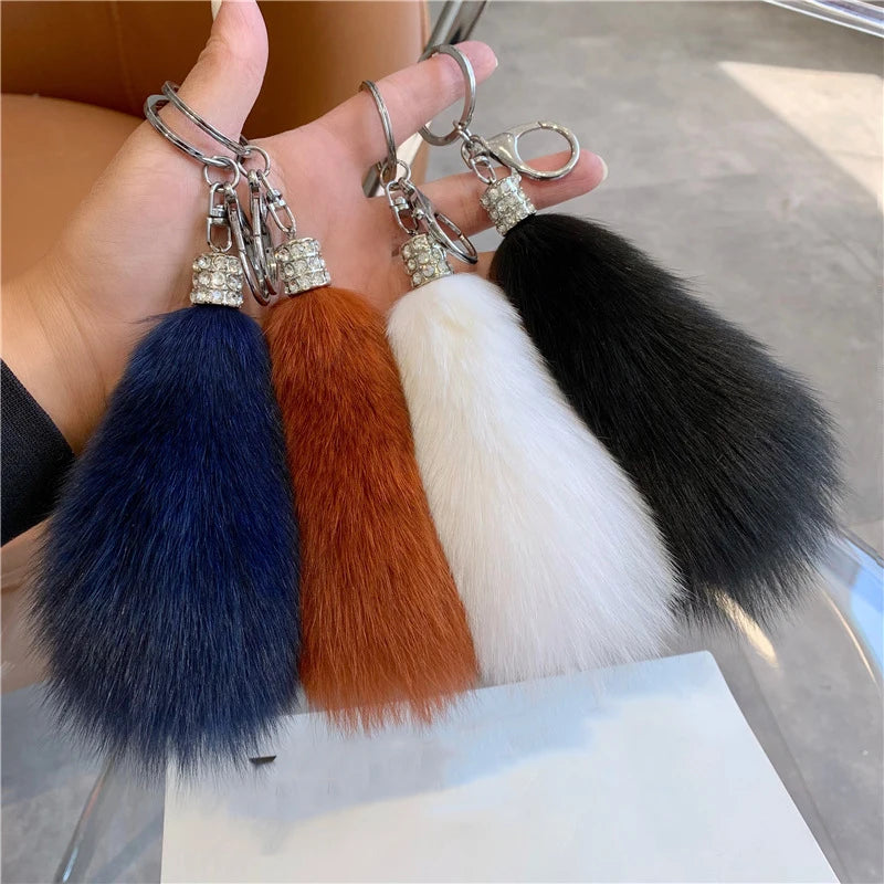 Rhinestone Fox Tail Pendant Car Plush Keychain Cute Fox Fur Key Chain Wolf Tail Fur Tassel Pompom Charm Bag Keyring Holder Gi